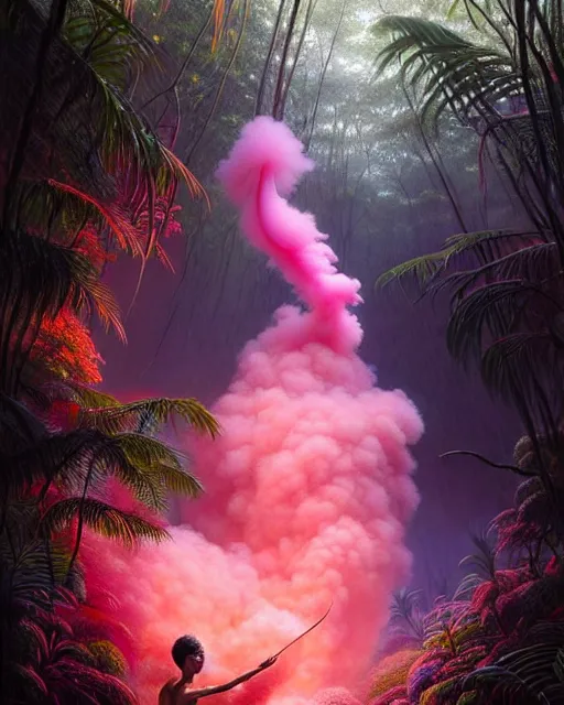 Image similar to a hyper - detailed 3 d render like an oil painting of tribe member portrait in a tropical forest with pink smoke!!!!! surreal concept art, lifelike, photorealistic, digital painting, aesthetic, smooth, sharp focus, artstation hd, by greg rutkowski, bruce pennington, valentina remenar, rhads, asher duran,