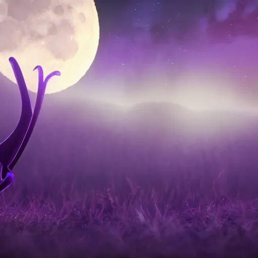 Image similar to closeup of a purple panther roaring at the moon. forest. night. large moon in the center. trending on artstation. cinematic. photoreal. dark colors.