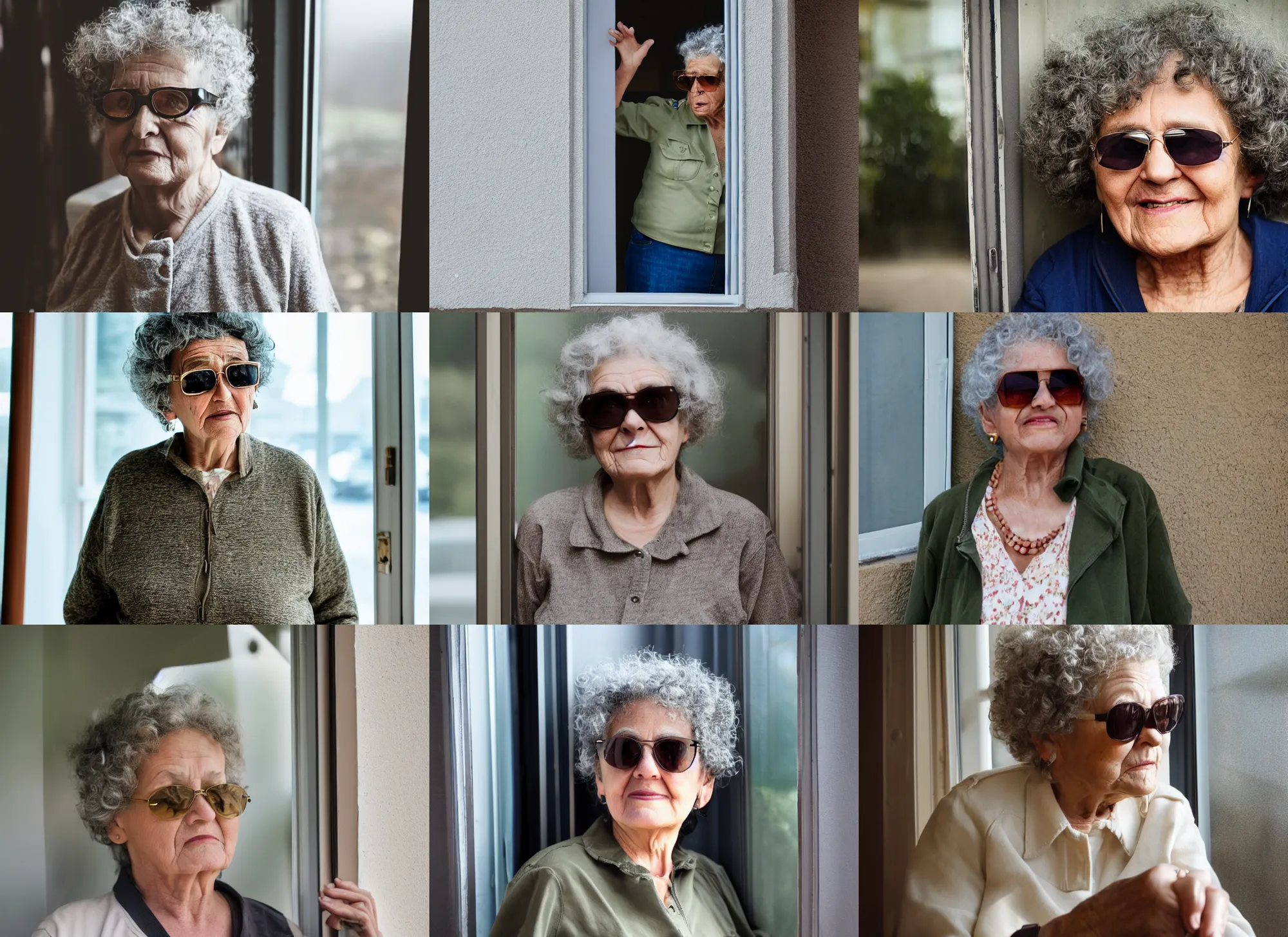 Prompt: an old lady with curly gray hair wearing dark aviator sunglasses standing behind a window looking at a mailmain wearing khaki pants