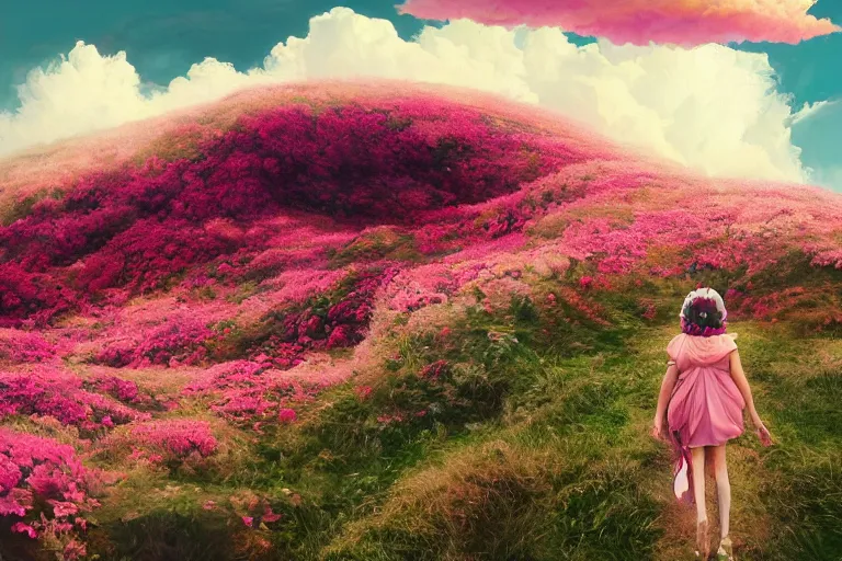 Image similar to giant dahlia flower crown head, girl walking on a mountain, surreal photography, pink storm clouds, dramatic light, impressionist painting, digital painting, artstation, simon stalenhag