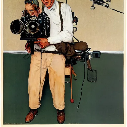 Prompt: norman rockwell painting of a television crew member holding a large television - video - camera