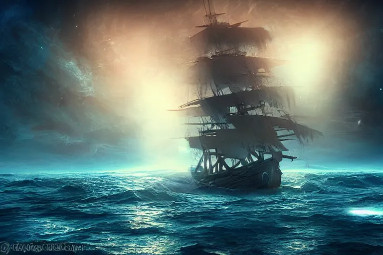 Prompt: an old pirate ship in space, digital painting, volumetric light, intricate