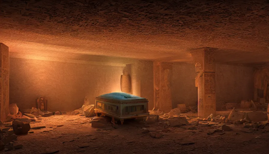 Image similar to Interior of an Egyptian dusty abandoned tomb illuminated by glowsticks, coffin in the middle of the room, hyperdetailed, artstation, cgsociety, 8k