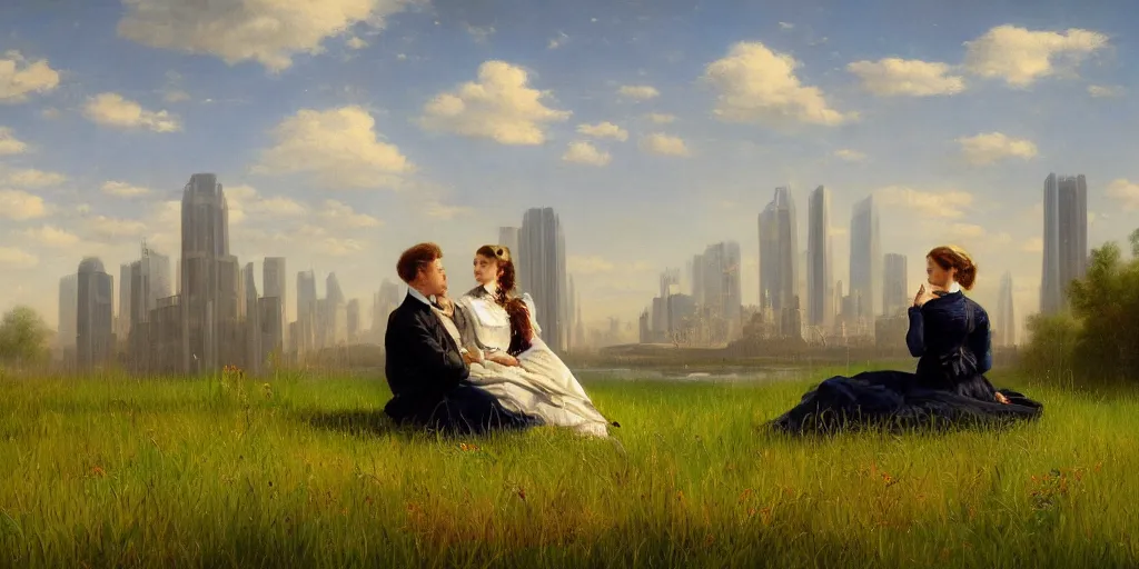 Prompt: a zoomed out view of a couple in victorian formal attire sitting in grass beneath huge futuristic buildings, painting in the style of hudson river school, 4 k