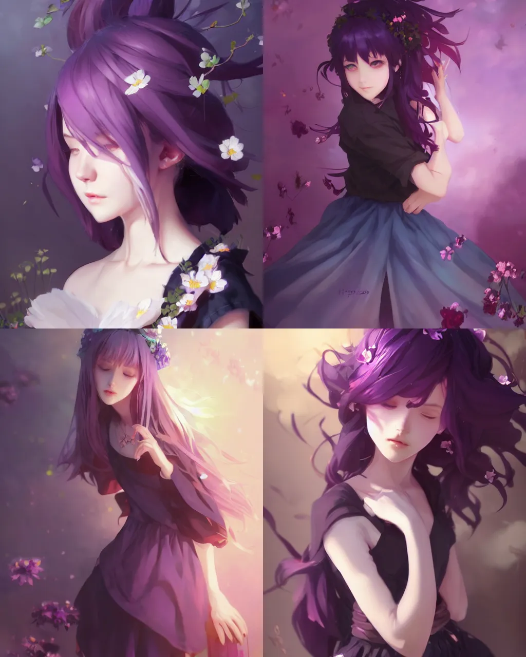 Prompt: girl with purple hair and black skirt, flower decoration on the background, a beautiful half body illustration, top lighting, perfect shadow, soft painting, art by hidari and krenz cushart and wenjun lin