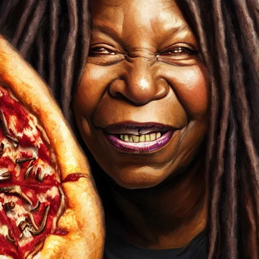 Image similar to portrait of whoopi goldberg opening his mouth to eat pizza, highly detailed, digital painting, artstation, concept art, sharp focus, illustration, art by artgerm and greg rutkowski and alphonse mucha