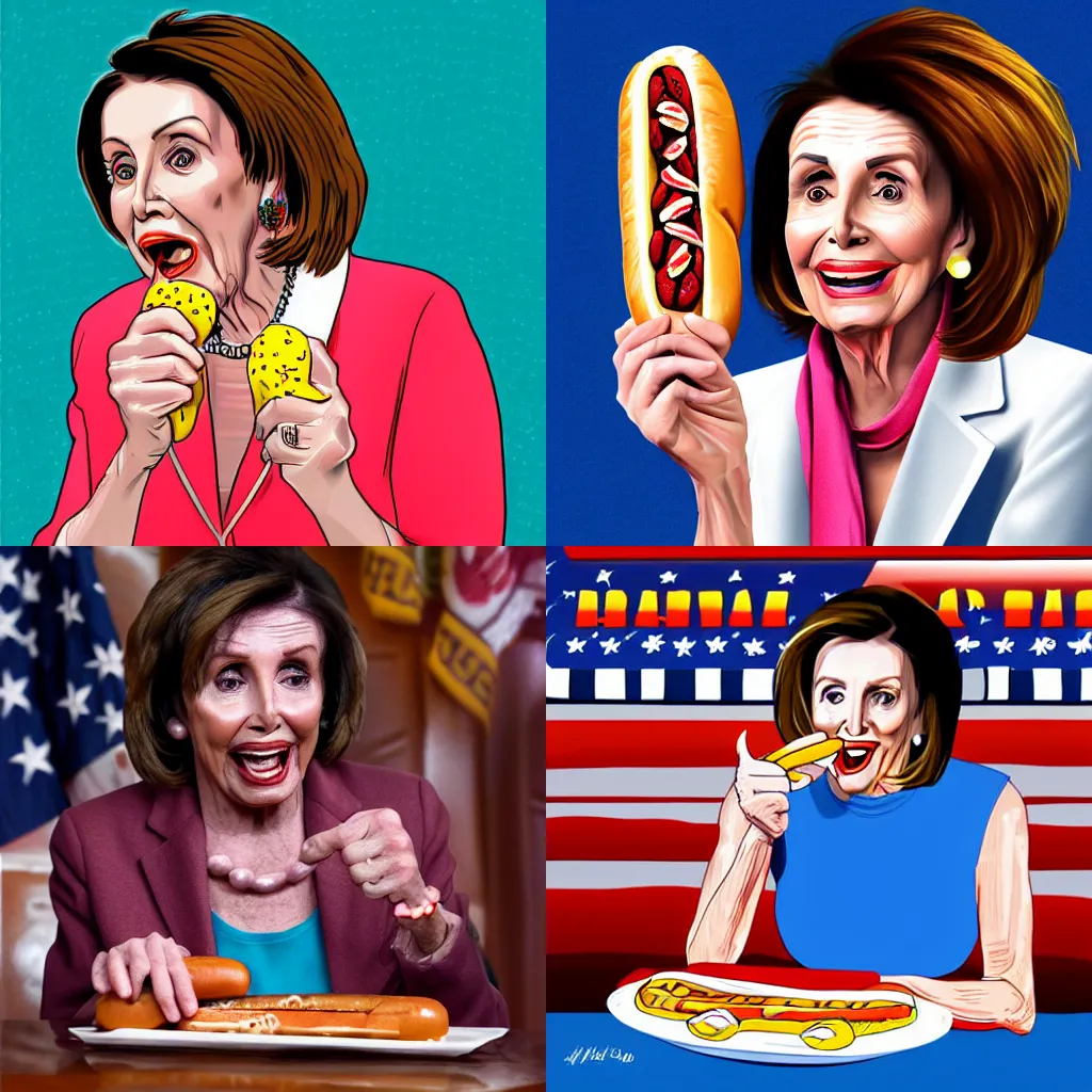 Prompt: Nancy Pelosi eating hot dogs, digital art