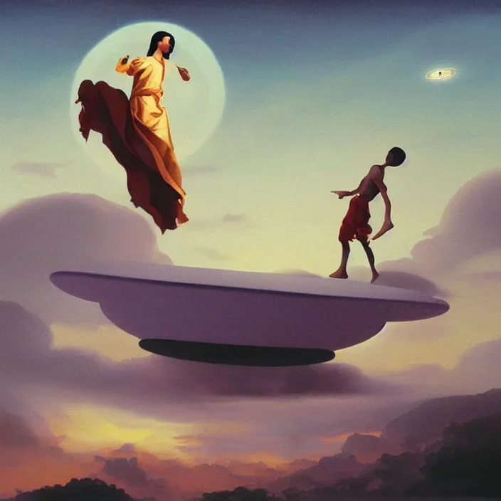 Prompt: a hovering UFO over an African Jesus ,painting by Hsiao-Ron Cheng,