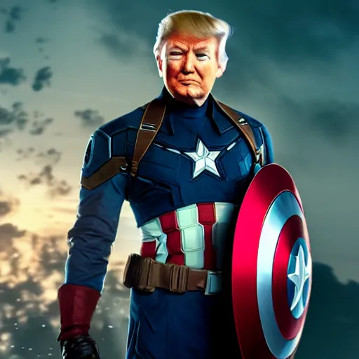 Image similar to Donald Trump cast as Captain America, still from marvel movie, hyperrealistic, 8k, Octane Render,