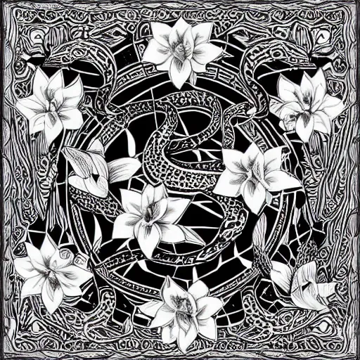 Image similar to detailed, black and white, a snake surrounded by lotus flowers and geometry