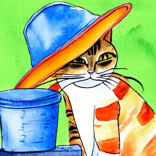 Image similar to a cat wearing a bucket hat and a hawaii shirt, children\'s book watercolor illustration