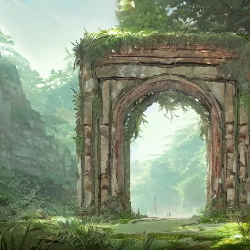 Image similar to concept art painting of an ornate ancient stone archway, in the woods, deep forest, realistic, detailed, cel shaded, in the style of makoto shinkai and greg rutkowski and james gurney