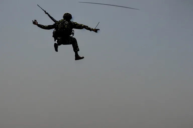 Image similar to closeup portrait of bangladesh army commander jumping from a helicopter, cinematic shot, motion still, atmospheric