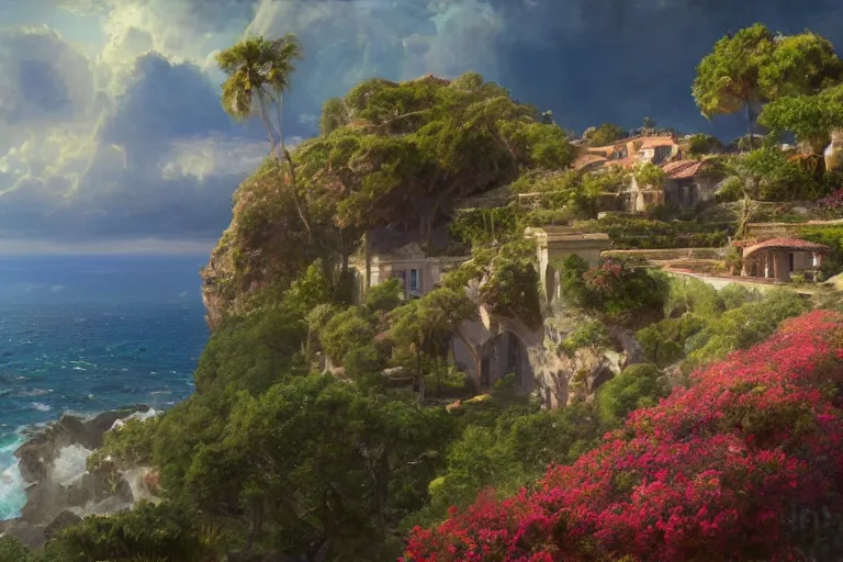 Image similar to lovely villa sits atop a broad cliff, overlooking the entirety of the blue sky, digital painting by greg rutkowski and gaston bussiere, zbrush, cgsociety contest winner, comprehensive art, intricate, landscape photography, brightly radiant atmosphere, overcast sky, homogeneous to hawaii, 4 k, 8 k