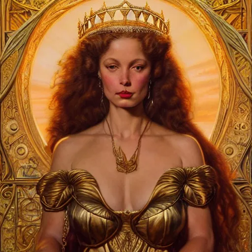 Image similar to highly detailed portrait of a majestic lioness queen in the form of a beautiful woman. d & d. art by donato giancola, gil elvgren, evelyn de morgan, bastien lecouffe - deharme. trending on artstation, intricate details, energetic composition, golden ratio, concept art, illustration, elegant art, global illuminaition