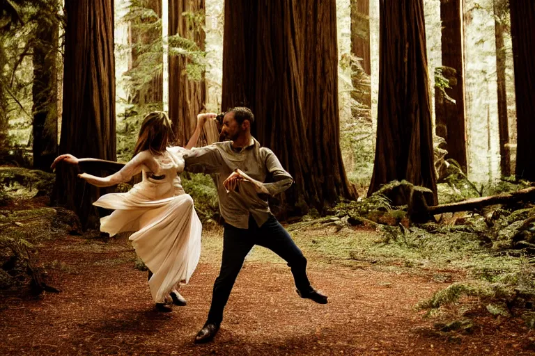 Image similar to cinematography closeup portrait of couple dancing in the redwood forest, thin flowing fabric, natural light by Emmanuel Lubezki