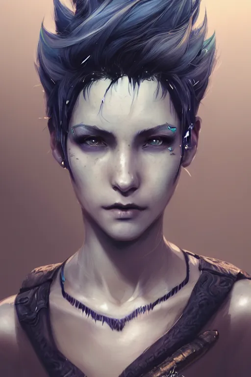 Prompt: Portrait of rugged adult female, fantasy, pixie undercut hairstyle, black to blue fade hairstyle, dragon scales across hairline, intricate, highly detailed, digital painting, artstation, concept art, sharp focus, art by Akihiko Yoshida, Greg Rutkowski, 4k resolution, nier inspired, graffiti inspired, vibrant but dreary