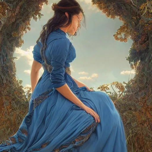 Image similar to full figure ultra realistic illustration, tessa thompson wearing a maiden blue dress, brown flowy hair, old west, intricate, elegant, highly detailed, digital painting, artstation, concept art, smooth, sharp focus, illustration, art by artgerm and greg rutkowski and alphonse mucha