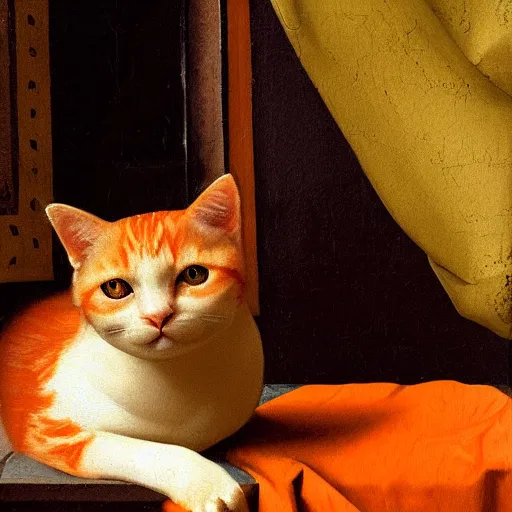 Image similar to a painting of an orange cat staring profoundly into the window, a detailed painting by johannes vermeer, behance, american scene painting, dutch golden age, detailed painting, academic art