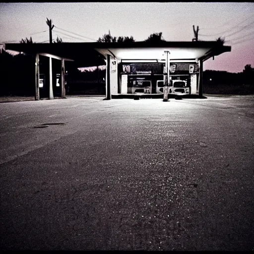 Image similar to it's night, the city is quiet, a car is parked at the last gas station at the edge of town, in the darkness eyes watch us, cinestill