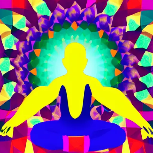 Image similar to A beautiful digital art of a man with a large head, sitting in what appears to be a meditative pose. His eyes are closed and he has a serene look on his face. His body is made up of colorful geometric shapes and patterns that twist and turn in different directions. It's almost as if he's sitting in the middle of a kaleidoscope! cool green by Frida Kahlo, by Chris Cunningham, by Octavio Ocampo