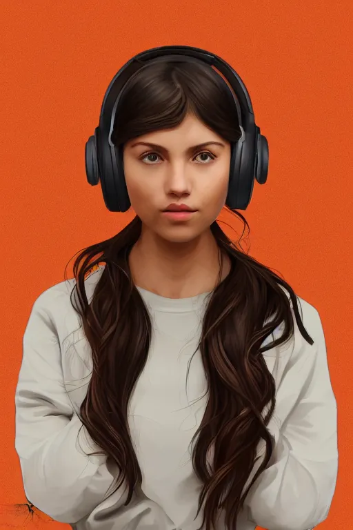 Prompt: portrait georgian girl looking to the right, wearing beats headphones. short brown hair, white jumper. lit from the right side, orange light. centered median photoshop filter cutout vector behance hd artgerm jesper ejsing!