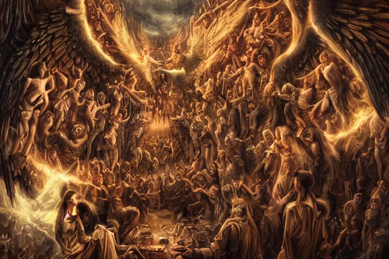 Prompt: hype realistic photorealistic hyperdetailed detailed group circle of biblically accurate angels a in front of a demon within a l, wide - angle portrait, atmospheric lighting, intricate, volumetric lighting, rich deep colors masterpiece, ultra detailed