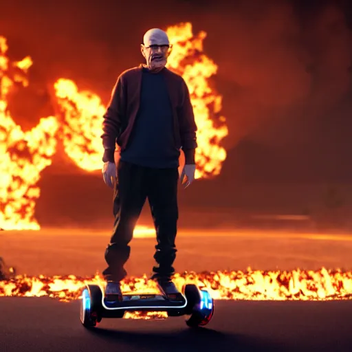 Prompt: Photo of Walter White standing on a hoverboard with several burning buildings behind him, cinematic lighting, highly detailed, 8k