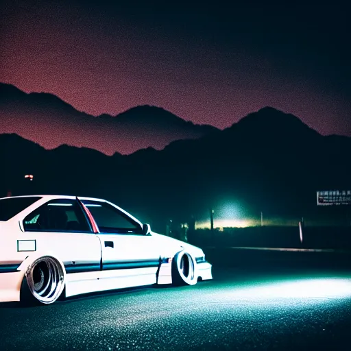 Image similar to a car JZX100 turbo drift at illegal car meet, Gunma prefecture, city midnight mist lights, cinematic color, photorealistic, highly detailed wheels, 200MM