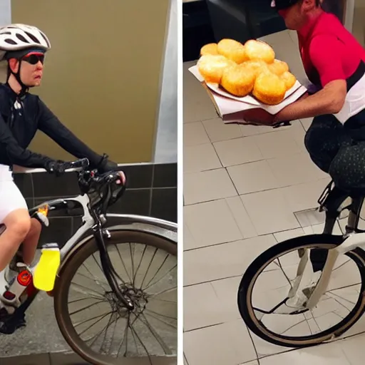 Image similar to cyclist in mcdonalds toilet eating donuts and drinking yerba mate