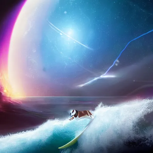 Image similar to photo of a beagle surfing a surfboard on a crashing l wave of alien ocean in space, background is an alien galaxy, aliens in the background, alien colors, octane render, unreal engine, wide view, 8 k, high detaild