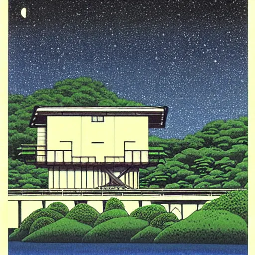 Image similar to painting by Hasui Kawase, atmospheric cozy futuristic organic white concrete house in the middle of a lush and dense forest at night, a beautiful lake next to it, night time, night sky, starry night sky, by Hasui Kawase