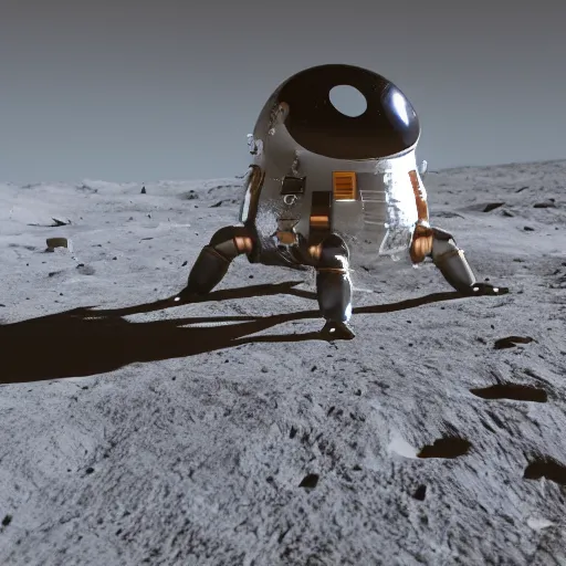 Image similar to penguin wearing spacesuit helmet, standing next to the Apollo lunar lander module, on the lunar surface. Octane render, 8k, 35mm film