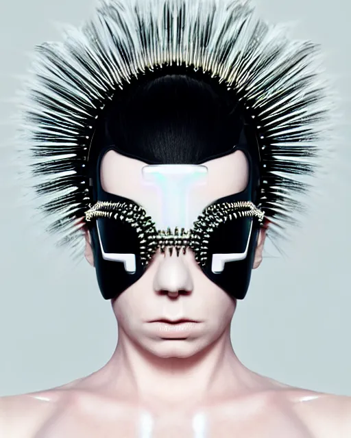 Image similar to symmetrical portrait of a biomechanical cyborg wearing a silicone steel spikes studded iridescent beauty mask and neon hair buns, wearing a black bodysuit by alexander mcqueen, cream white background, soft diffused light, biotechnology, humanoid robot, bjork aesthetic, translucent, by rineke dijkstra, intricate details, highly detailed, masterpiece,