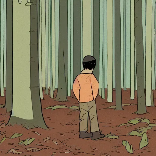 Prompt: boy in the woods by adrian tomine