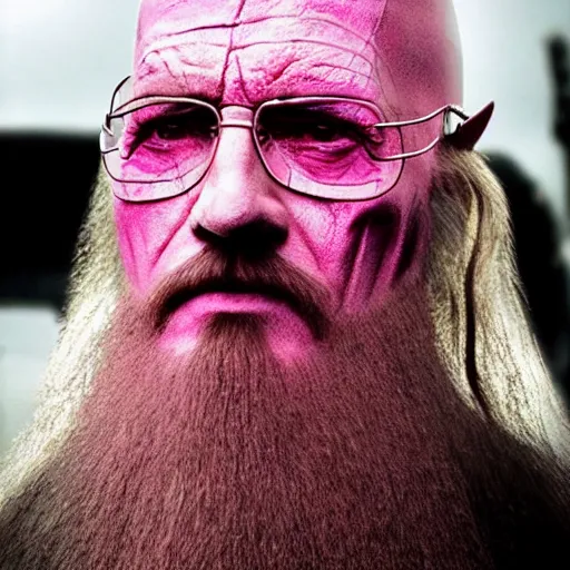 Prompt: Saruman wearing 3M Full Facepiece Respirator with pink filters on top of his head like Walter White