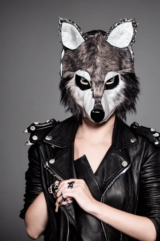 Prompt: photographic portrait of a punk girl in a leather jacket wearing a wolf's head over her face, high fashion, style magazine shoot, cool punk with wolf on her head