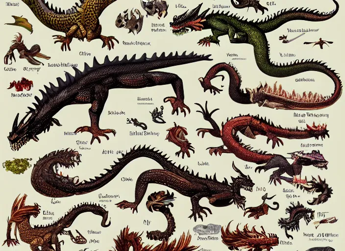 Image similar to an illustrated field guide to dragons showing examples of males and females of each spicies, art by robert stebbins and terryl whitlatch and david sibley and charles darwin, highly detailed, intricately detailed, 8 k, trending on artstation