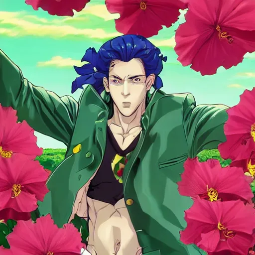 Image similar to handsome boxer, punching, wearing jacket, bodybuilder posing, portrait surrounded by hibiscus flowers, jojo cover art, jojo anime style, david production, style of vento aureo cover art, style of stone ocean cover art, style of steel ball run cover art, style of jojolion cover art, ilya kuvshinov style, illustrated by hirohiko araki