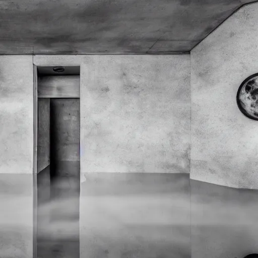 Image similar to dingy abandoned concrete room, triangular room, gray, museum, concrete staircase leading down, staircase flooded with water to create a moon pool, Photograph.