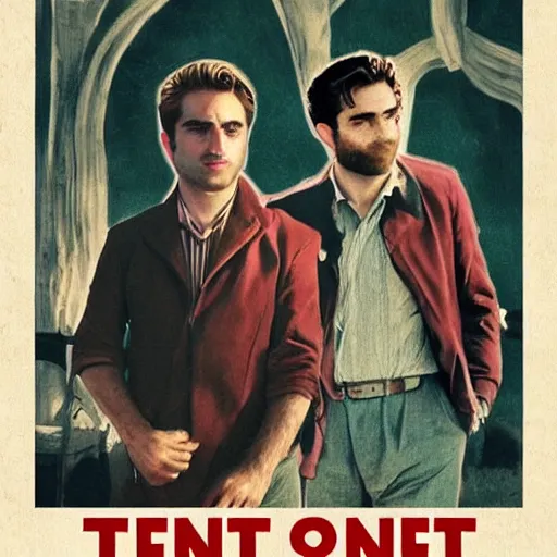 Image similar to movie poster for Tenet in the style of 1960's italian art, with John David Washington and Robert Pattinson