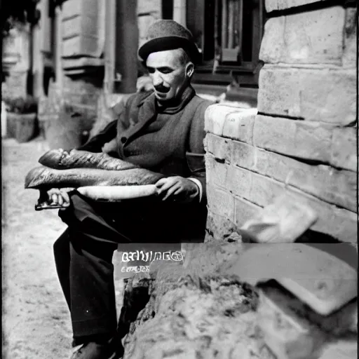 Image similar to a frenchman with a baguette and a bottle of wine in 1 9 5 0