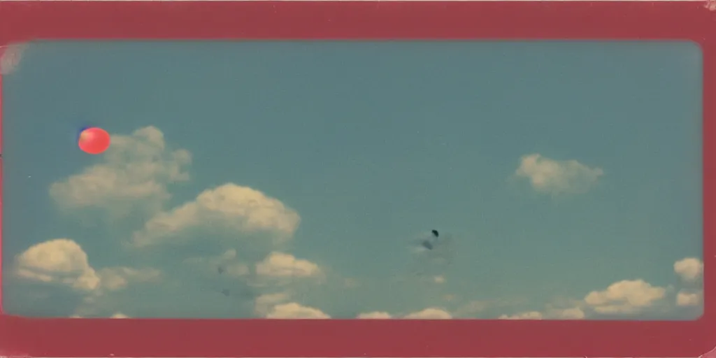 Image similar to vintage polaroid of a beautiful woman spotting a ufo in the sky, seen from behind, detailed clouds, warm azure tones, red color bleed, film grain