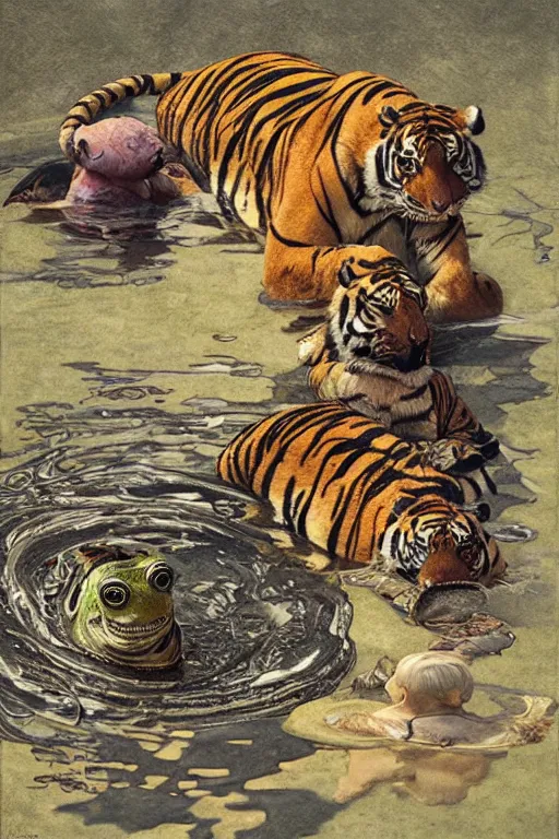 Image similar to a tiger a frog and a duck sharing a drinkby frantisek kupka, intricate, miles johnston, kuroda seiki, cynical realism, ozabu, john william godward, painterly, yoshitaka amano, moebius, miles johnston, louise zhang, james jean, mark ryden