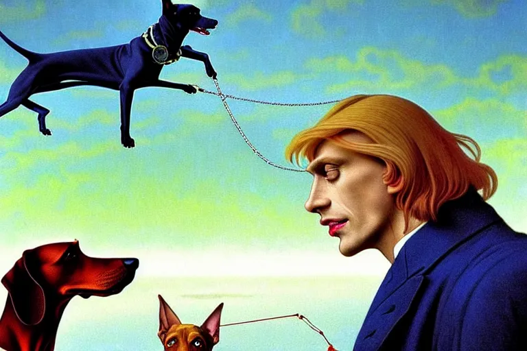 Image similar to realistic detailed closeup portrait movie shot of an elegant blond male vampire with a doberman on a leash, sci fi landscape background by denis villeneuve, amano, yves tanguy, alphonse mucha, max ernst, edward robert hughes, roger dean, rich moody colours, dog teeth, blue eyes