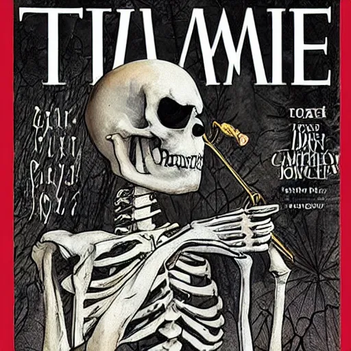 Prompt: a spooky scary skeleton playing the trumpet, award-winning photo, cover of TIME magazine