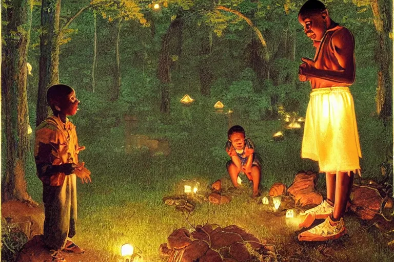 Image similar to a scenic view of a black boy talking to his ancestors in the middle of a magical forest with glow-worm lights near a lake, detailed, cinematic, dramatic scene, retro illustration by Norman Rockwell.