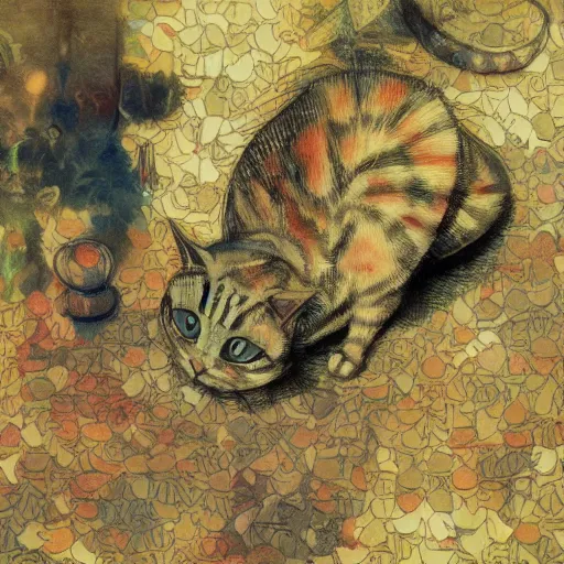 Prompt: yoshitaka amano illustration of a cat, abstract patterns in the background, satoshi kon anime, noisy film grain effect, highly detailed, renaissance oil painting, weird portrait angle, blurred lost edges, three quarter view