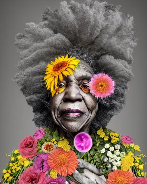 Prompt: a portrait of a beautiful fleshy old black woman who is surprised she is still alive, covered in flowers in the style of guiseppe arcimboldo and james jean, covered in wispy gray hair with a hint of neon, hd 3 d,