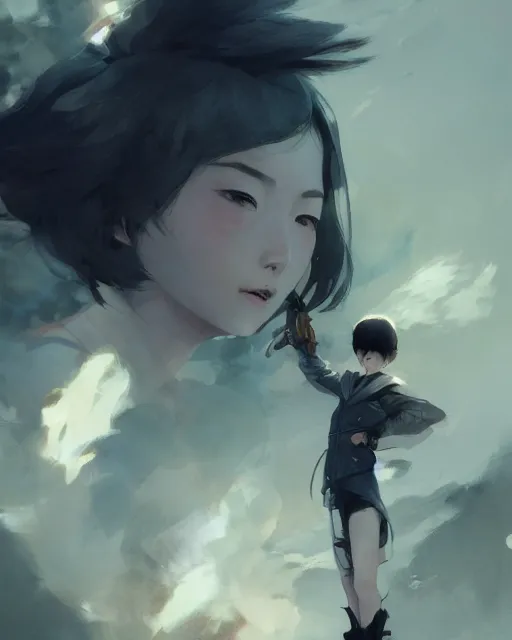 Image similar to a young japanese woman with very short hair looking to the skies, cinematic lighting, dramatic atmosphere, artwork by dustin nguyen, akihiko yoshida, greg tocchini, greg rutkowski, cliff chiang, 4 k resolution, trending on artstation,